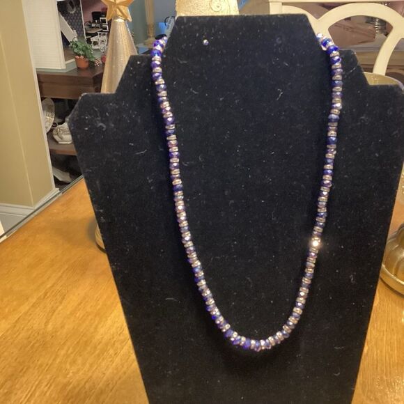 Royal Blue and Silvertone Crystal Necklace - Picture 2 of 5
